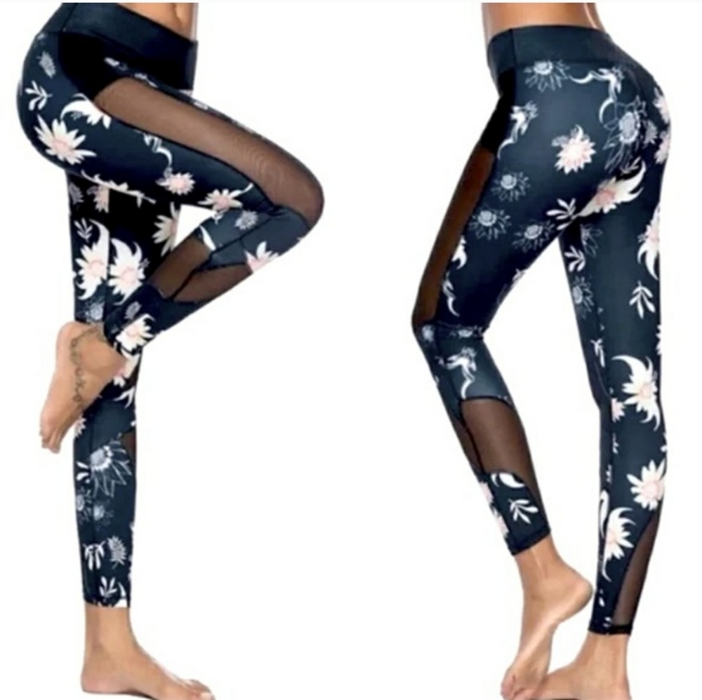 Workout Leggings Workout Pants Floral Pants Mesh Pants Antelope Leaf Leaves